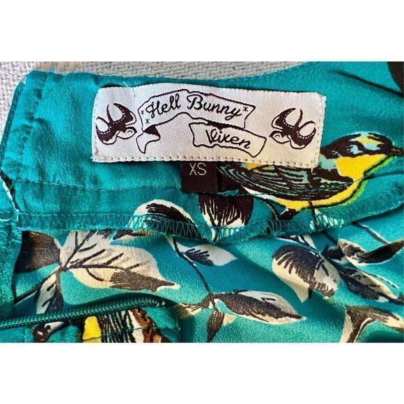 Hell Bunny Womens Blue Green Birdy Round Neck Short Sleeve A Line Dress X-Small - Picture 5 of 14